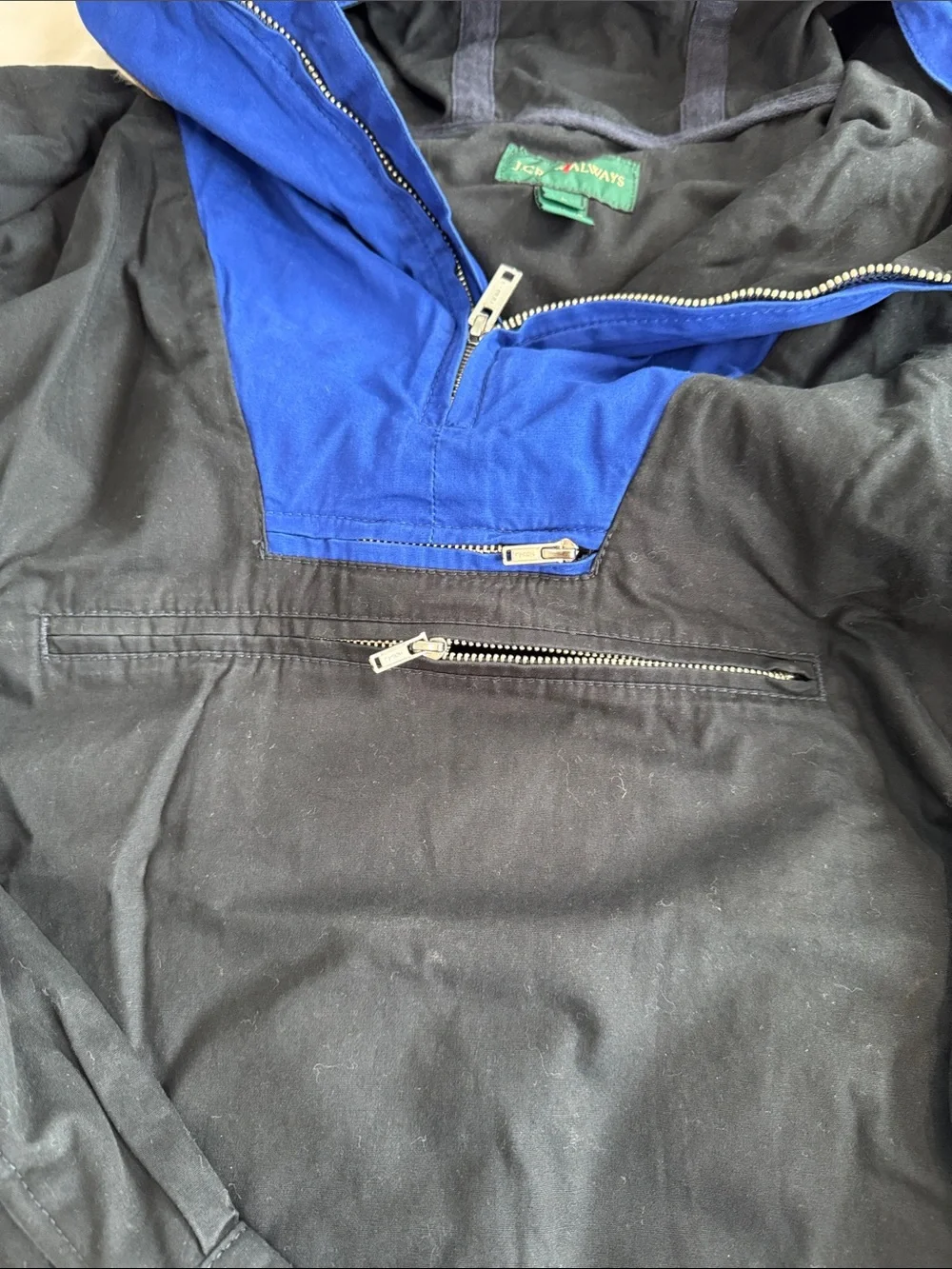 J. Crew Two-Tone  Black Windbreaker with Royal Blue Hood
